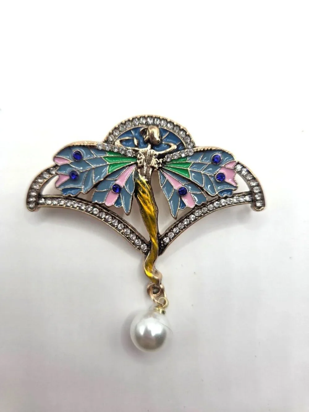 Art Nouveau Fairy Enamel Pin Brooch With Rhinestones & Pearl Accent